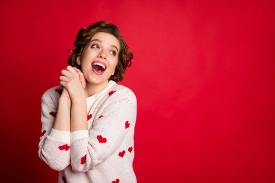 Portrait of funny crazy girlfriend enjoy 14-february celebration look copyspace impressed incredible gift present scream wow omg wear lifestyle pullover isolated bright color background