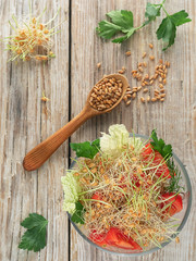 Salad with sprouted seeds of wheat, tomatoes and parsley in a glass bowl located on a vintage wooden background. Top view, natural light. Vertical orientation. Healthy, natural food.