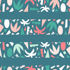 Tropical stripes Seamless vector pattern. Abstract paper cut collage shape background. Repeating green teal pink coral white contemporary geometric elements puzzle mosaic backdrop. Kids decor, fabric