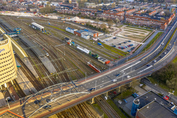 Aerial view of railroad station