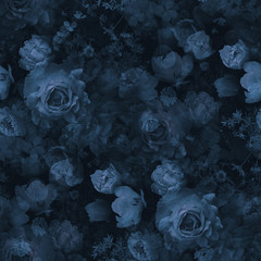 Materiał do szycia Roses and garden flowers. Floral vintage seamless pattern. Navy blue color.