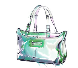 Watercolor fashion illustration with purse, female brown handbag.