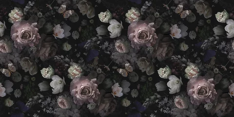 Foto op Plexiglas Slaapkamer Mooie roze rozen en tuinbloemen. Vintage naadloze bloemmotief.