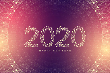 Computer motherboard vector background with circuit board electronic elements. Text design Christmas and Happy new year 2020. Electronic texture for computer technology, engineering concept 2020.