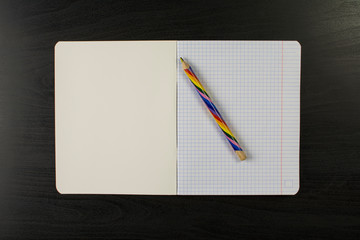 Color pencil lies on a blank page of a school notebook