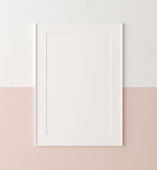 Mockup poster  frame close up on wall painted white and pastel pink color, 3d render