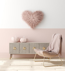 Romantic interior in pastel pink color decorated with pink pumpkins and heart, 3d render
