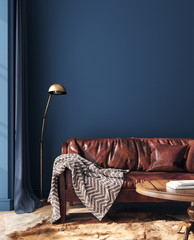 Dark blue home interior with old retro furniture, 3d render © artjafara