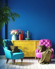 Gardinen Farbenfroh Dark colorful home interior with retro furniture, Mexican style living room, 3d render  © artjafara