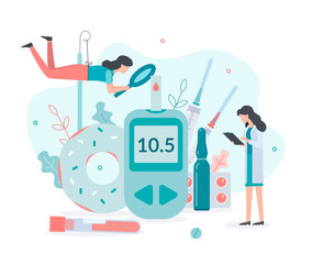 A team of specialists checks glucose levels, prescribes insulin therapy. Medicine diabetes concept. Flat vector illustration.
