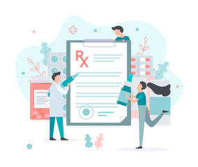 A man doctor writes a medical prescription.  Medical concept with tiny people. Flat vector illustration.