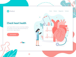 Check heart health. The doctor is doing an electrocardiogram. Web banner design template.Flat vector illustration.