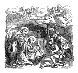 Vintage drawing or engraving of biblical story of shepherds visiting newborn Jesus, virgin Mary and Joseph in Bethlehem.Bible, New Testament,Luke 2. Biblische Geschichte , Germany 1859.