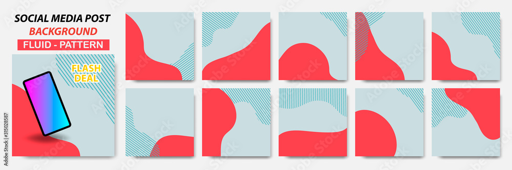 Wall mural set collection of square banner layout in red, turquoise color