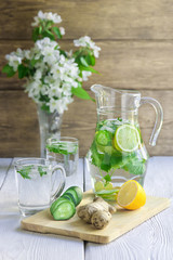 Morning coolness. Detox water based on cucumber, lemon and ginger