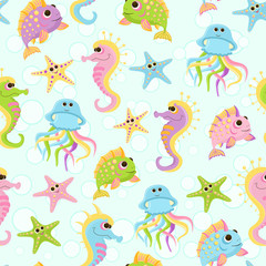 Fototapeta premium Seamless baby pattern with fish in sea. Bright children cartoon background with sea horse and jellyfish in ocean. Baby shower pattern