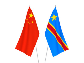 National fabric flags of China and Democratic Republic of the Congo isolated on white background. 3d rendering illustration.