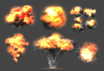 Foto auf Alu-Dibond Exploding bomb. Light effect smoke and fireball dramatic explosions clouds vector template. Illustration dynamite boom and bang, cartoon explode power © ONYXprj