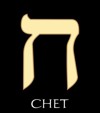 Hebrew letter chet, eighth letter of hebrew alphabet, meaning is fence, gold design on black background, vector alefbet