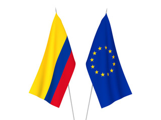 National fabric flags of European Union and Colombia isolated on white background. 3d rendering illustration.