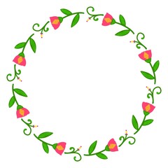 Bright colorful wreath of flowers and berries. Round frame of pink flowers with place for text on a white background. Floral wreath with decorative elements for your design.