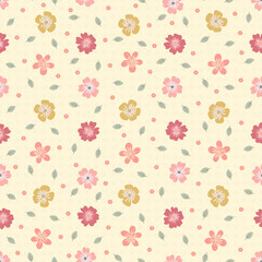 Seamless pattern of orange, yellow and pink flowers with small green leaves on a pale yellow background