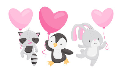 Obraz na płótnie Canvas Cute Animals Holding Heart Shaped Pink Balloons Vector Illustrations Set