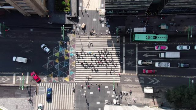 Aerial cenital shot of Madero busy crosswalk intersection