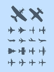 Aircraft silhouettes. Plane for travellers jet transportation vector aviation icons. Plane air flight jet silhouette, transport airplane illustration