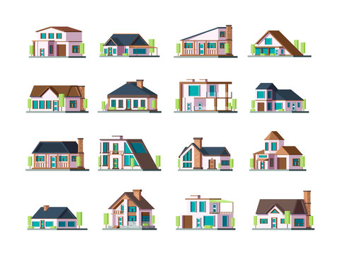 Residential house. Village building exterior modern townhouses vector collection set. Illustration building village, home residential