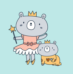 Fototapeta premium Cute princess bear in dress isolated on mint background. Sister and brother playing and have fun. Childish vector animal character illustration. Ideal for cards, poster, decoration, textile, print