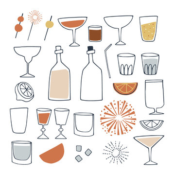 Set Of Hand Drawn Alcoholic And Non Alcoholic Drinks, Cocktails, Wine Bottles And Drinking Glass. Happy New Year, Bar And Celebration Concept. Isolated Vector Icons.