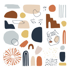 Set of hand drawn abtstract geometric shapes. Artistic outline face. Minimal avangrade design elements for wal art, greeting cards, branding. Colorful organic isolated graphic vector illustrations.