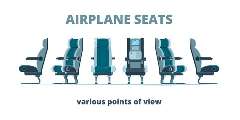 Airplane seat. Aircraft interior armchairs in different side view vector flat pictures. Illustration seat interior aircraft, comfort chairs - obrazy, fototapety, plakaty