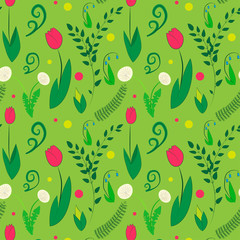 Floral illustration with different flowers and branches. Dandelions, tulips, fern, flowers pattern.