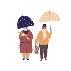 Elderly couple promenade under umbrella vector flat illustration. Aged cartoon man and woman walking with dog at autumn season weather. Family jaunt at rainy day isolated on white background.