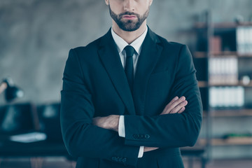 Cropped photo of successful business guy self-confident person arms crossed not smiling perfect...