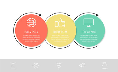 Vector flat template circle infographics. Business concept with 3 options and arrows. Three steps for flowchart, timeline, levels, marketing, graph, diagrams