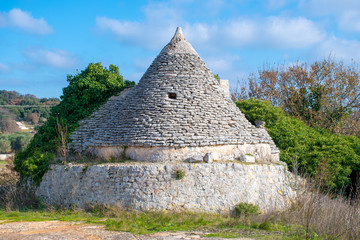 Fototapeta na wymiar Ancient Trullo in the countryside, traditional old house and old stone wall in Puglia, Italy, Europe with olive trees