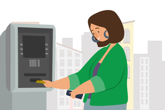 Woman at atm makes a payment or withdrawal flat vector illustration. Deposit, dialing pin code, financial transactions using ATM concept. The girl in the city inserts a card into the ATM