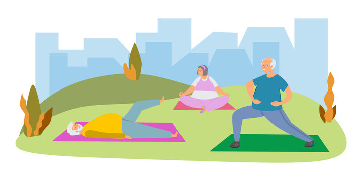 Elderly care and fitness flat vector illustration. Elderly woman and elderly man do sports, exercise, fitness, yoga. Healthy lifestyle of old people. Senior man and woman have fun together outdoors.