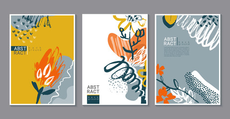 Vector collection of trendy creative cards with hand drawn floral elements, flowers and palnts and different textures.