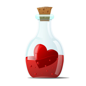 Love potion. A small glass bottle with a round bottom, with a red heart inside.