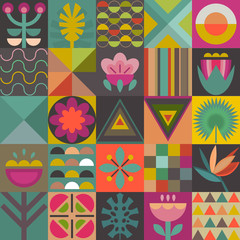 Vector seamless pattern with square patchwork mosaic design. Geometric jungle plants and trees.