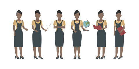 Obraz premium African school teacher standing in diverse poses. Vector.