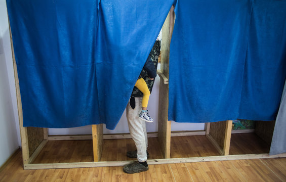 Person voting in booths at a polling station