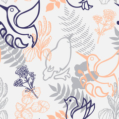 Birds, flowers and leaves. Spring seamless pattern.