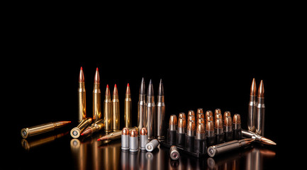 Bullet isolated on black background with reflexion. Rifle bullets close-up on black back. Cartridges for rifle and carbine on a black. - obrazy, fototapety, plakaty