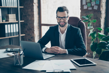 Photo of handsome business guy friendly toothy smiling listening vacancy candidate asking interview questions wear specs black blazer shirt suit sitting chair office indoors - obrazy, fototapety, plakaty