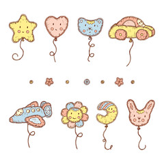 Kids toys. Beach Inflatable Toys. Balloons. Kawaii toy. Hand Drawn doodle star, heart, cat, car, airplane, flower, moon, rabbit - Vector Set